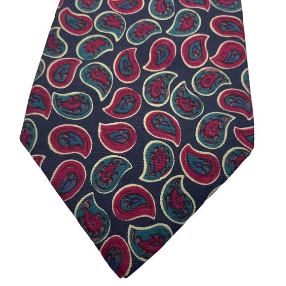 Vintage Tom James Silk Red Green Paisley Print Handmade Tie Mens One Size - Picture 7 of 7